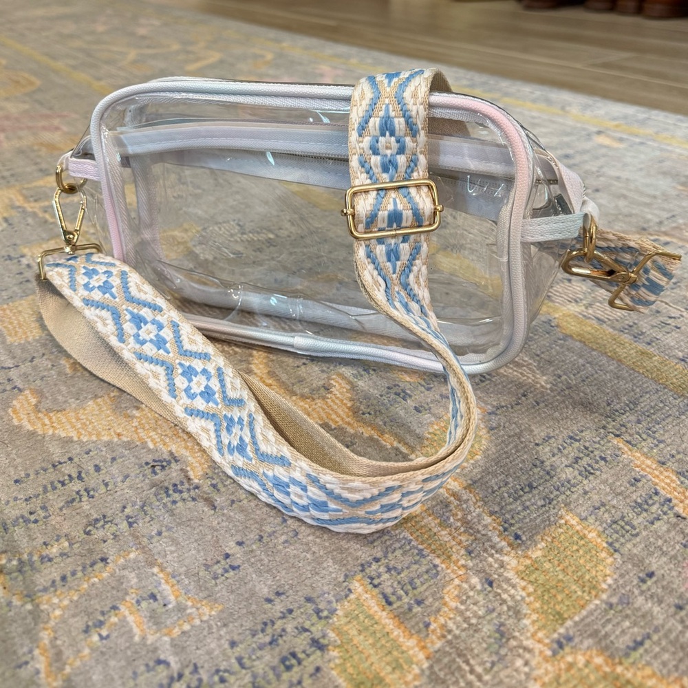 Clear Crossbody Bag with Blue Patterned Embroidered Strap